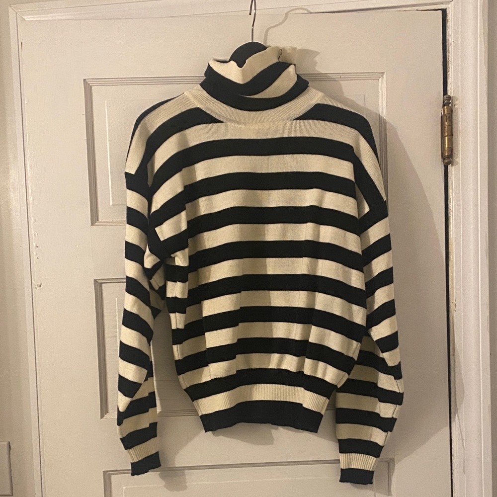 Obermeyer Black and Cream Striped Turtleneck Sweater